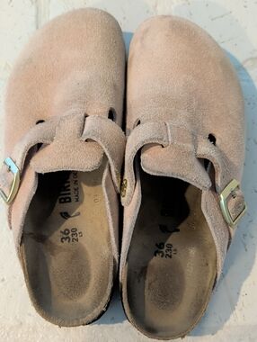 Birkenstock Suede Clogs in Blush Pink with Gold Buckles